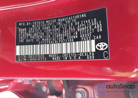 2020 Toyota Corolla Le z USA, uszkodzony, nr VIN 5YFEPRAE8LP072199